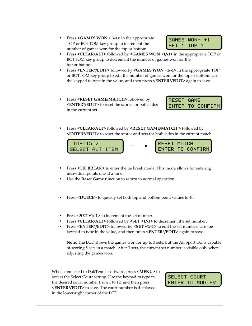 Games won, Reset game, Reset match | Tie break, Deuce, Select court | Daktronics All Sport CG User Manual | Page 19 / 44