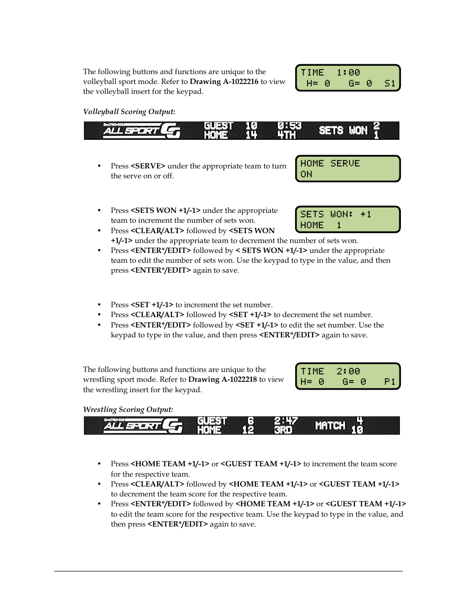 Volleyball, Home/guest serve, Sets won | Wrestling, Team score | Daktronics All Sport CG User Manual | Page 20 / 44