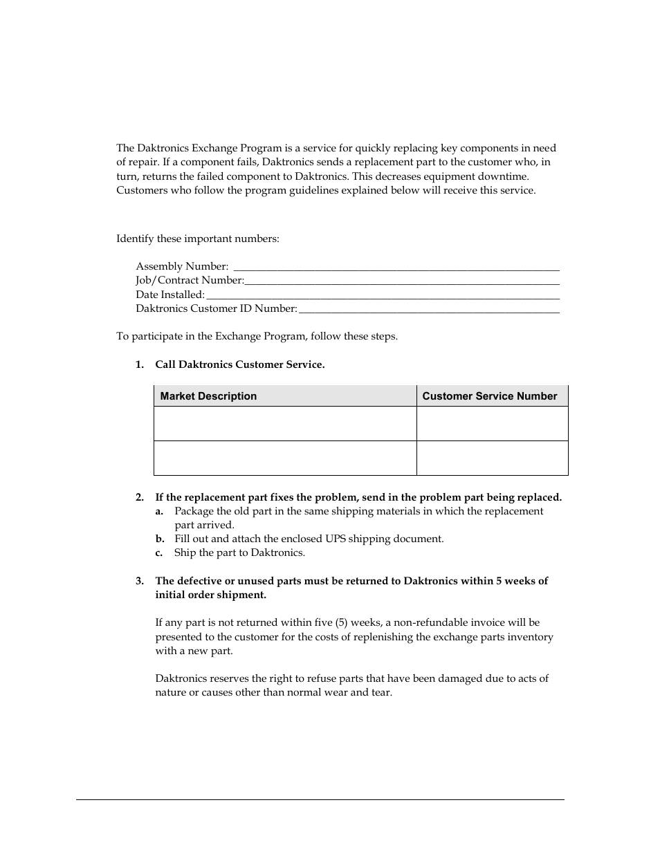 2 daktronics exchange and repair & return programs, Exchange program, Before contacting daktronics | Daktronics exchange and repair & return programs | Daktronics All Sport CG User Manual | Page 24 / 44