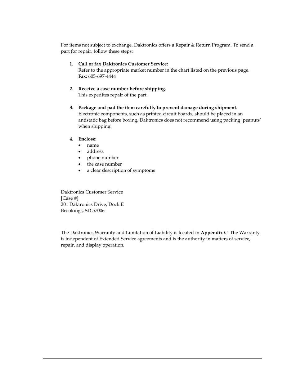 Repair & return program, Shipping address, Daktronics warranty and limitation of liability | Daktronics All Sport CG User Manual | Page 25 / 44