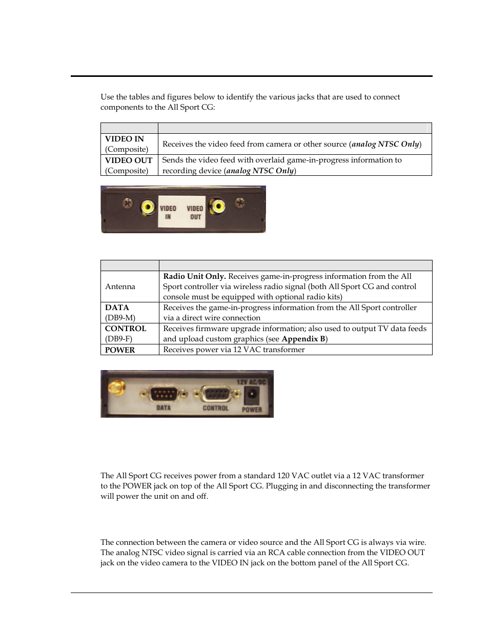 Section 2: setup, 1 power connection, 2 video camera connection | Section 2, Setup, Power connection, Video camera connection | Daktronics All Sport CG User Manual | Page 9 / 44