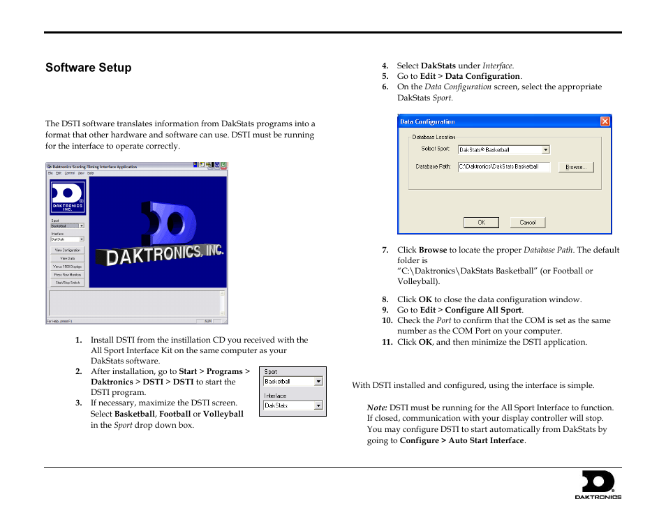 Software setup, Using the all sport interface for dakstats | Daktronics All Sport Interface for DakStats User Manual | Page 2 / 3