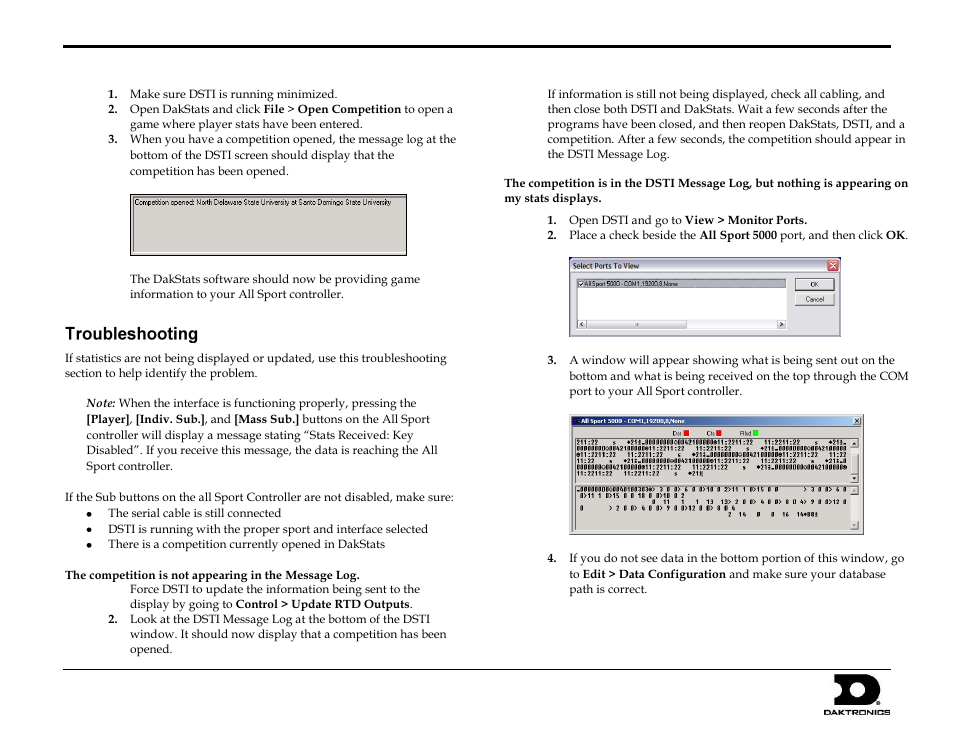 Troubleshooting, Open dsti and go to view > monitor ports | Daktronics All Sport Interface for DakStats User Manual | Page 3 / 3