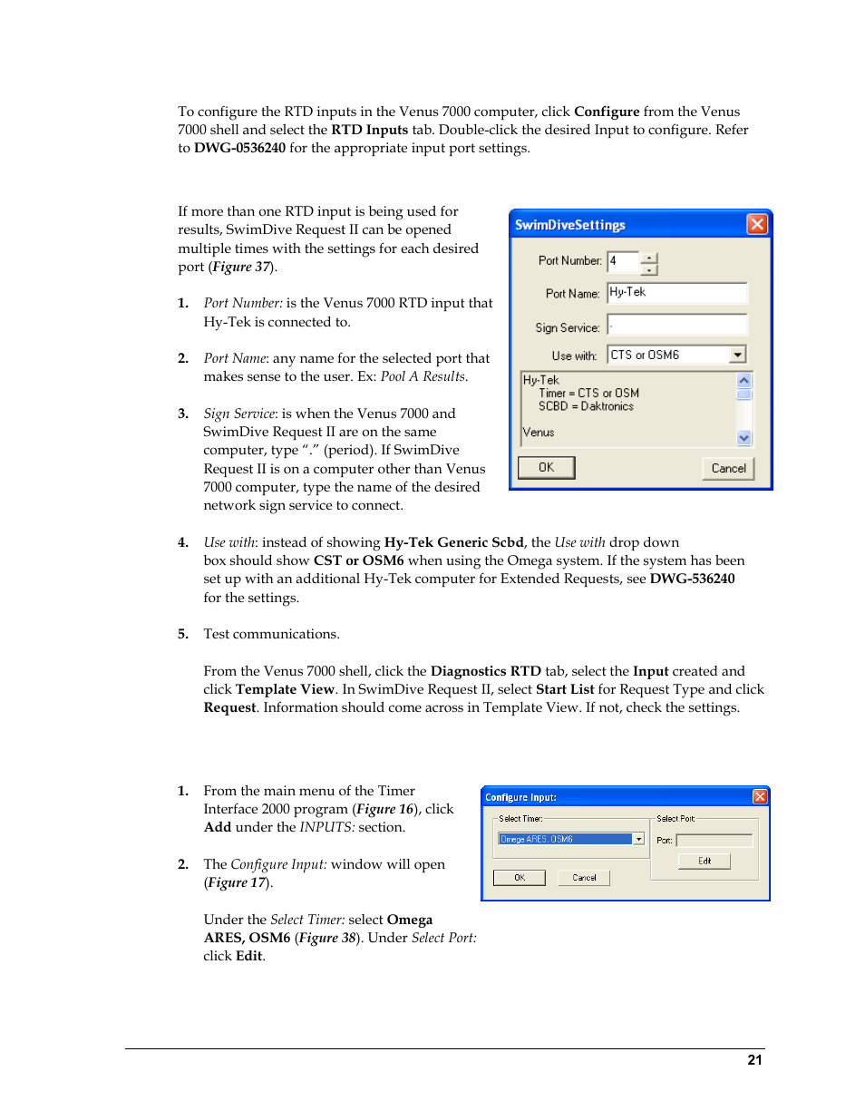 Swimdive request ii, Timerinterface 2000 settings | Daktronics Aquatics Interface with Daktronics Matrix Displays User Manual | Page 25 / 47