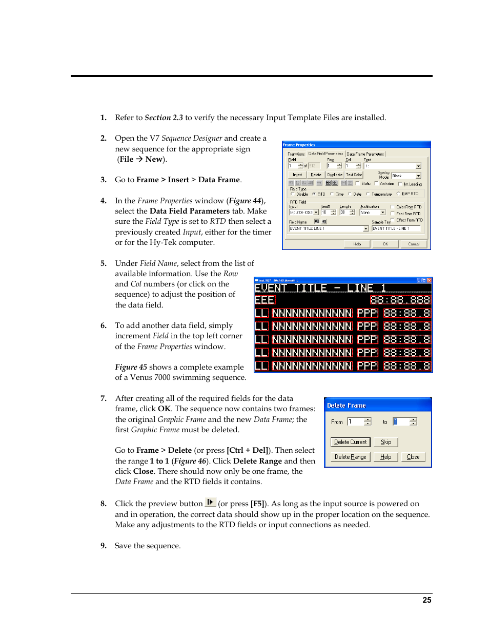 Section 5: how to create rtd sequences, 1 venus 7000, Section 5 | How to create rtd sequences, Venus 7000 | Daktronics Aquatics Interface with Daktronics Matrix Displays User Manual | Page 29 / 47