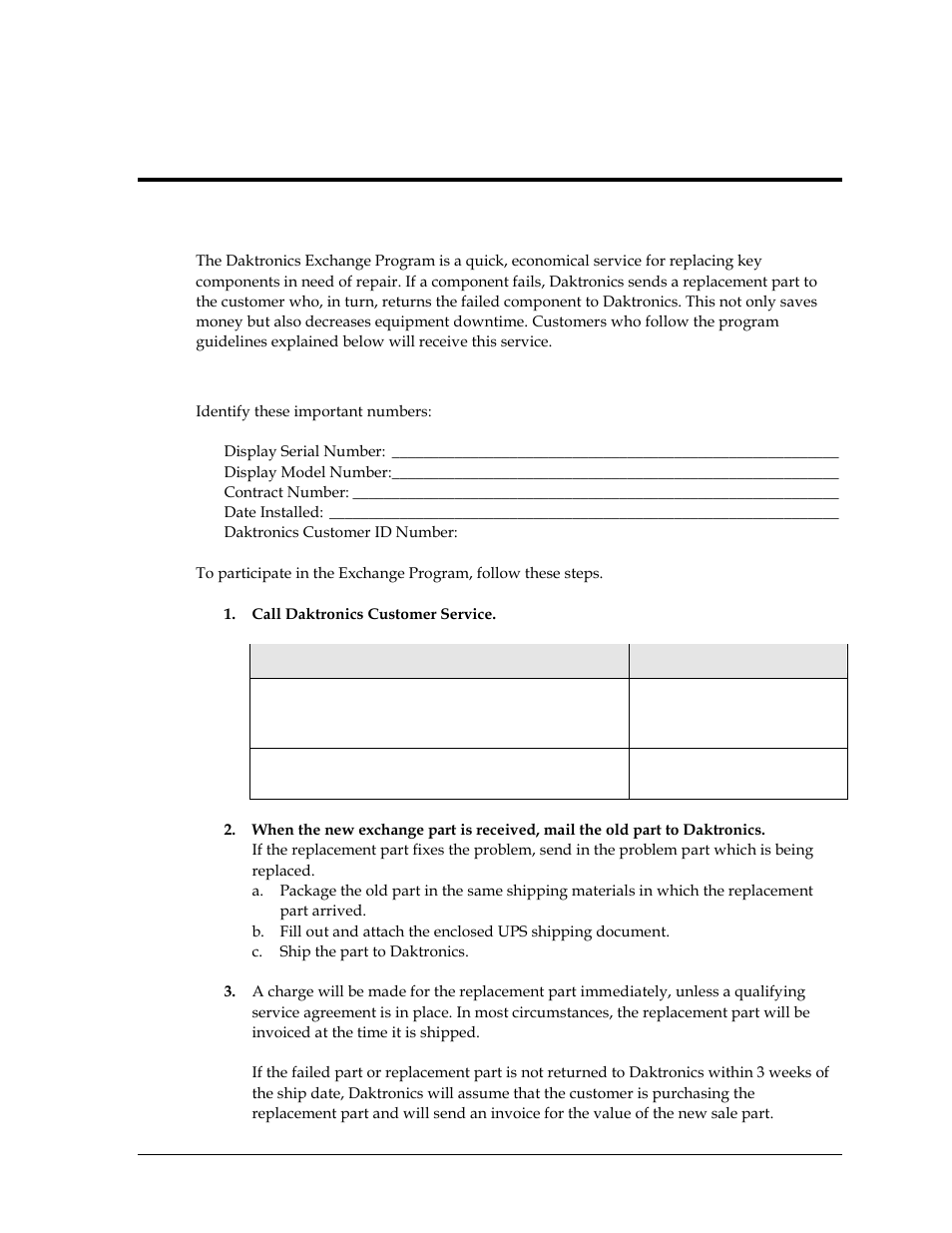 1 exchange program, Before contacting daktronics, Section 6 | Daktronics exchange and repair & return programs, Exchange program | Daktronics Aquatics Interface with Daktronics Matrix Displays User Manual | Page 33 / 47