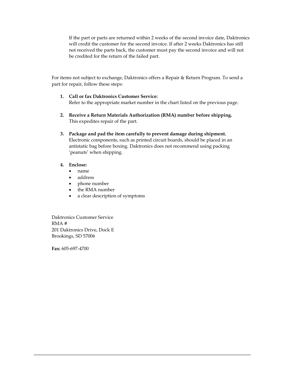 Repair & return program, Shipping address | Daktronics Aquatics Interface with Daktronics Matrix Displays User Manual | Page 34 / 47