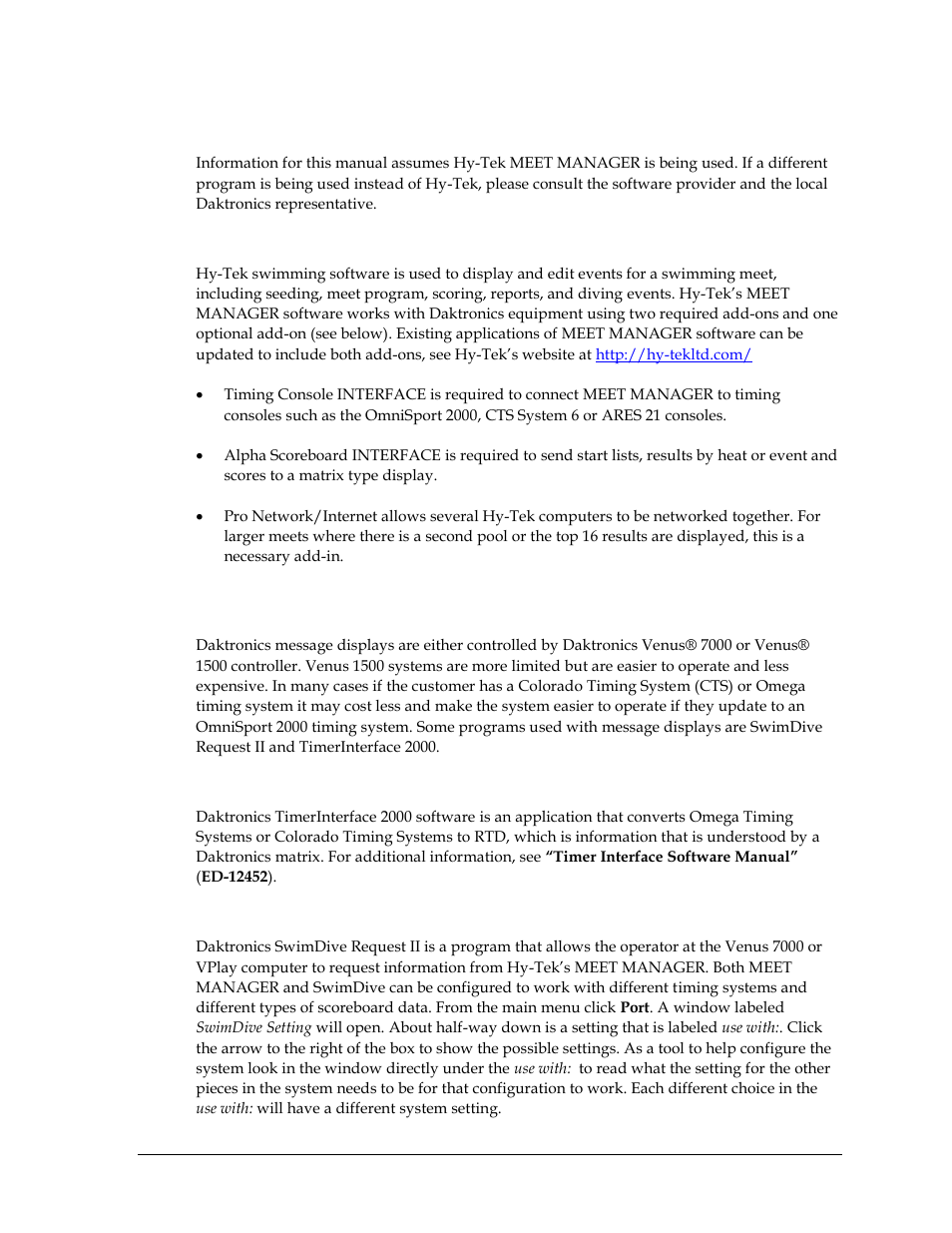 4 results software, Hy-tek swim meet manager, 5 message displays/controllers | Timerinterface 2000, Swimdive request ii, Results software, Message displays/controllers | Daktronics Aquatics Interface with Daktronics Matrix Displays User Manual | Page 7 / 47