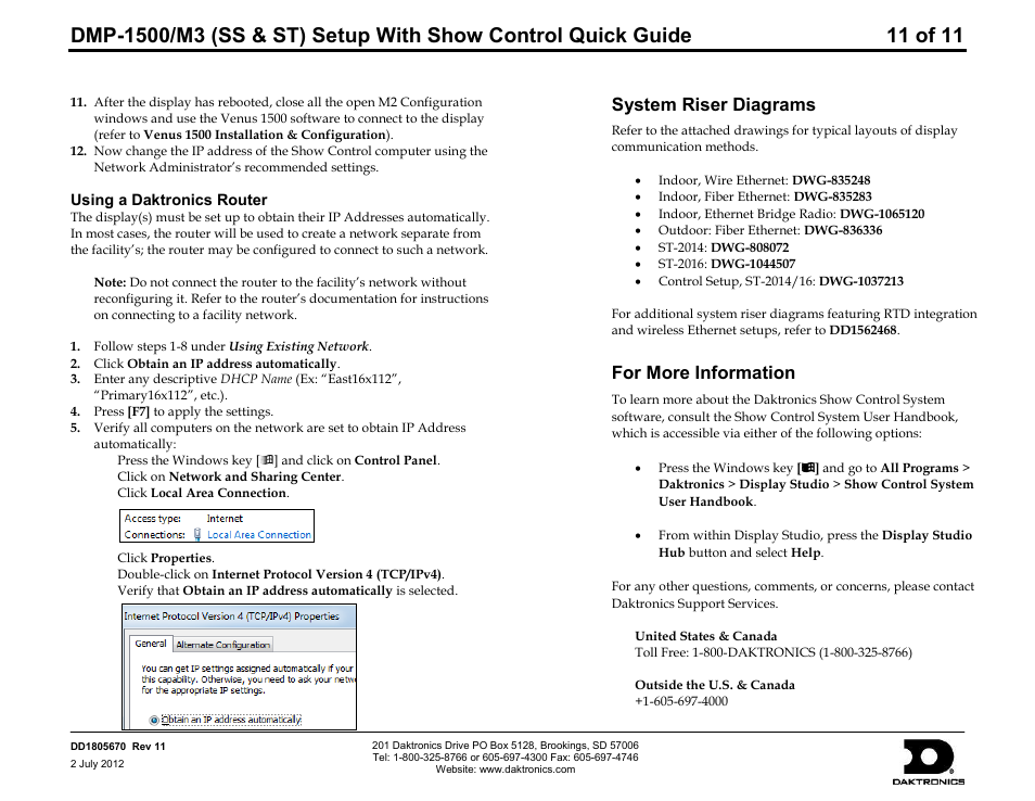 Using a daktronics router, System riser diagrams, For more information | Daktronics DMP-1500/M3 (SS & ST) Setup With Show Control User Manual | Page 11 / 18
