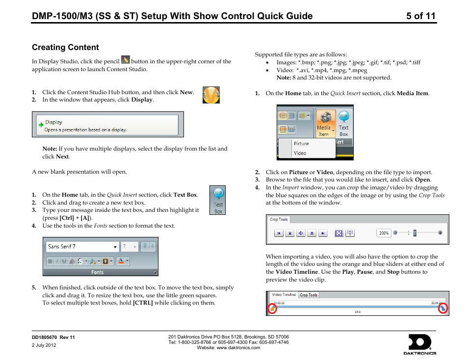 Creating content, Creating presentations, Adding text | Adding images & video | Daktronics DMP-1500/M3 (SS & ST) Setup With Show Control User Manual | Page 5 / 18