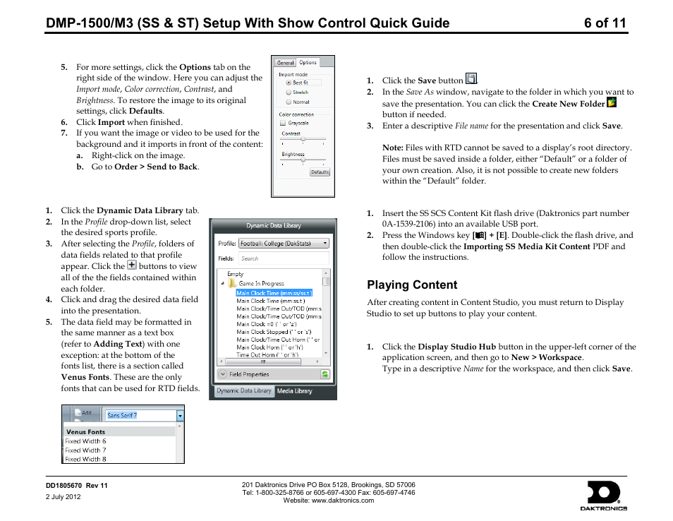 Adding real-time data (rtd), Saving the presentation, Importing ss media kit content | Playing content, Creating a new workspace | Daktronics DMP-1500/M3 (SS & ST) Setup With Show Control User Manual | Page 6 / 18