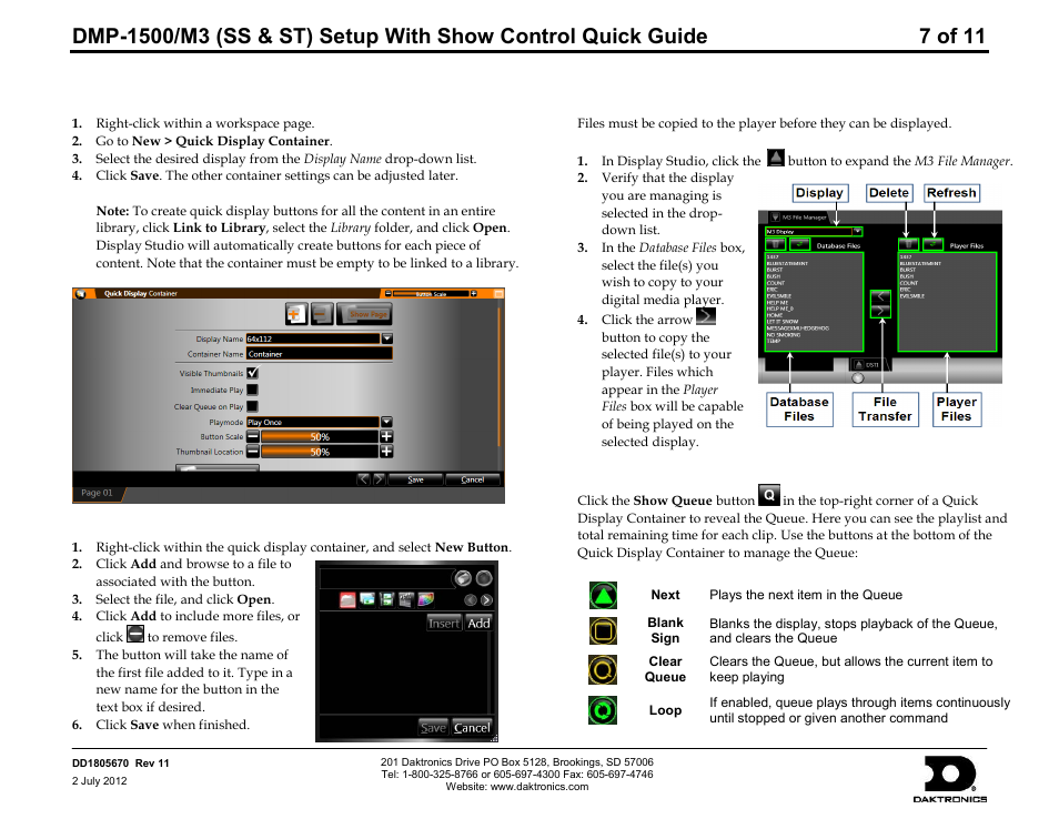 Creating a quick display container, Creating a quick display button, Copying files to the player | Display queue | Daktronics DMP-1500/M3 (SS & ST) Setup With Show Control User Manual | Page 7 / 18