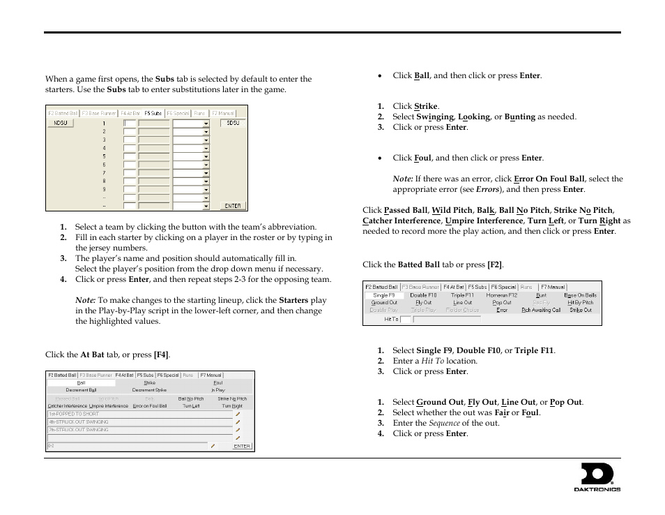 Entering starters/subs, At bat, Balls | Strikes, Fouls, Batted ball, Safe hits, Out hits, Dakstats, Baseball quick start guide 3 of 8 | Daktronics DakStats Baseball User Manual | Page 3 / 8