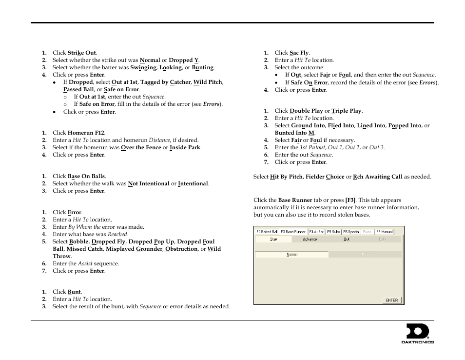 Strike outs, Homeruns, Walks | Errors, Bunts, Sacrifice flies, Double/triple plays, Base runner, Dakstats, Baseball quick start guide 4 of 8 | Daktronics DakStats Baseball User Manual | Page 4 / 8