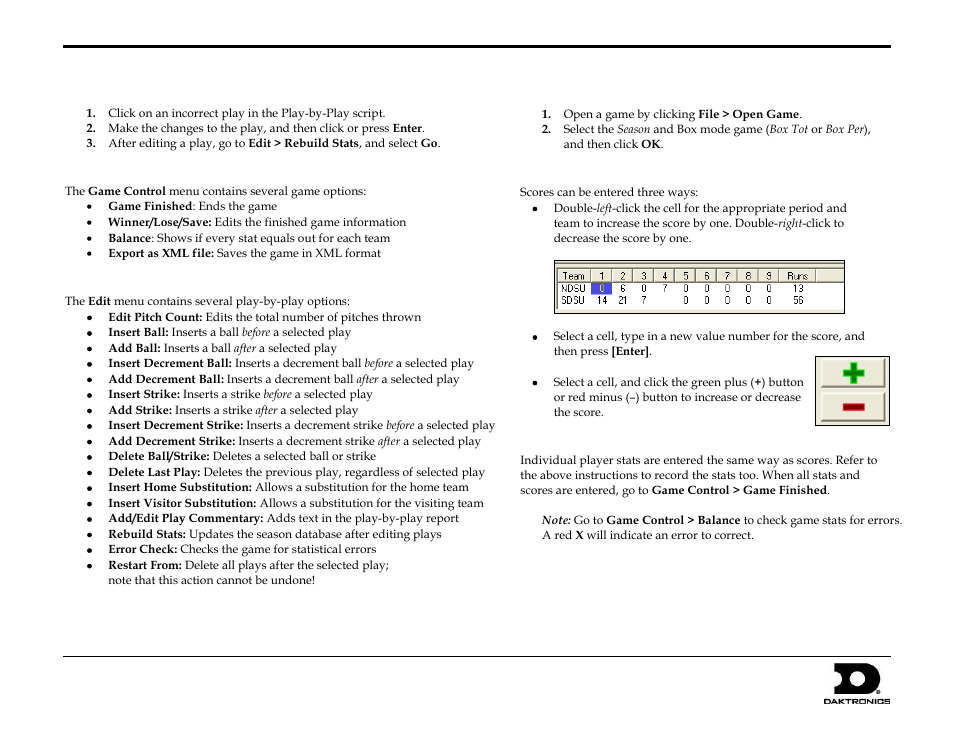 Editing plays, Game control, Edit | Box mode entry, Entering scores, Entering stats, Dakstats, Baseball quick start guide 6 of 8 | Daktronics DakStats Baseball User Manual | Page 6 / 8