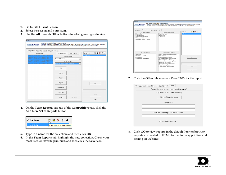 Printing season stats, Dakstats, Baseball quick start guide 7 of 8 | Daktronics DakStats Baseball User Manual | Page 7 / 8
