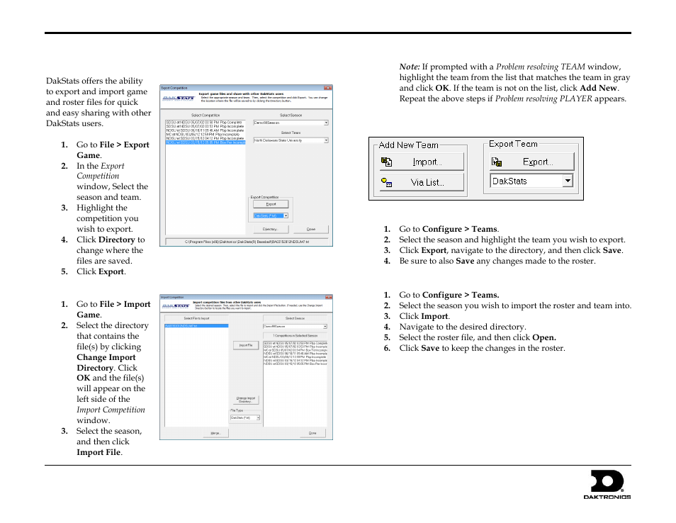 Exporting game files, Importing game files, Importing & exporting rosters | Exporting rosters, Importing rosters, Dakstats, Baseball quick start guide 8 of 8 | Daktronics DakStats Baseball User Manual | Page 8 / 8