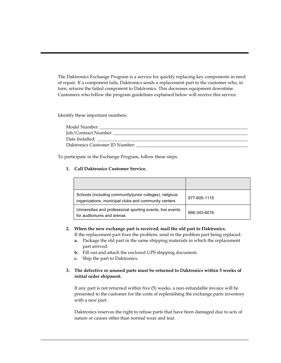 1 exchange program, Before contacting daktronics, Section 3 | Daktronics exchange and repair & return programs, Exchange program | Daktronics Gen V Radio User Manual | Page 15 / 32