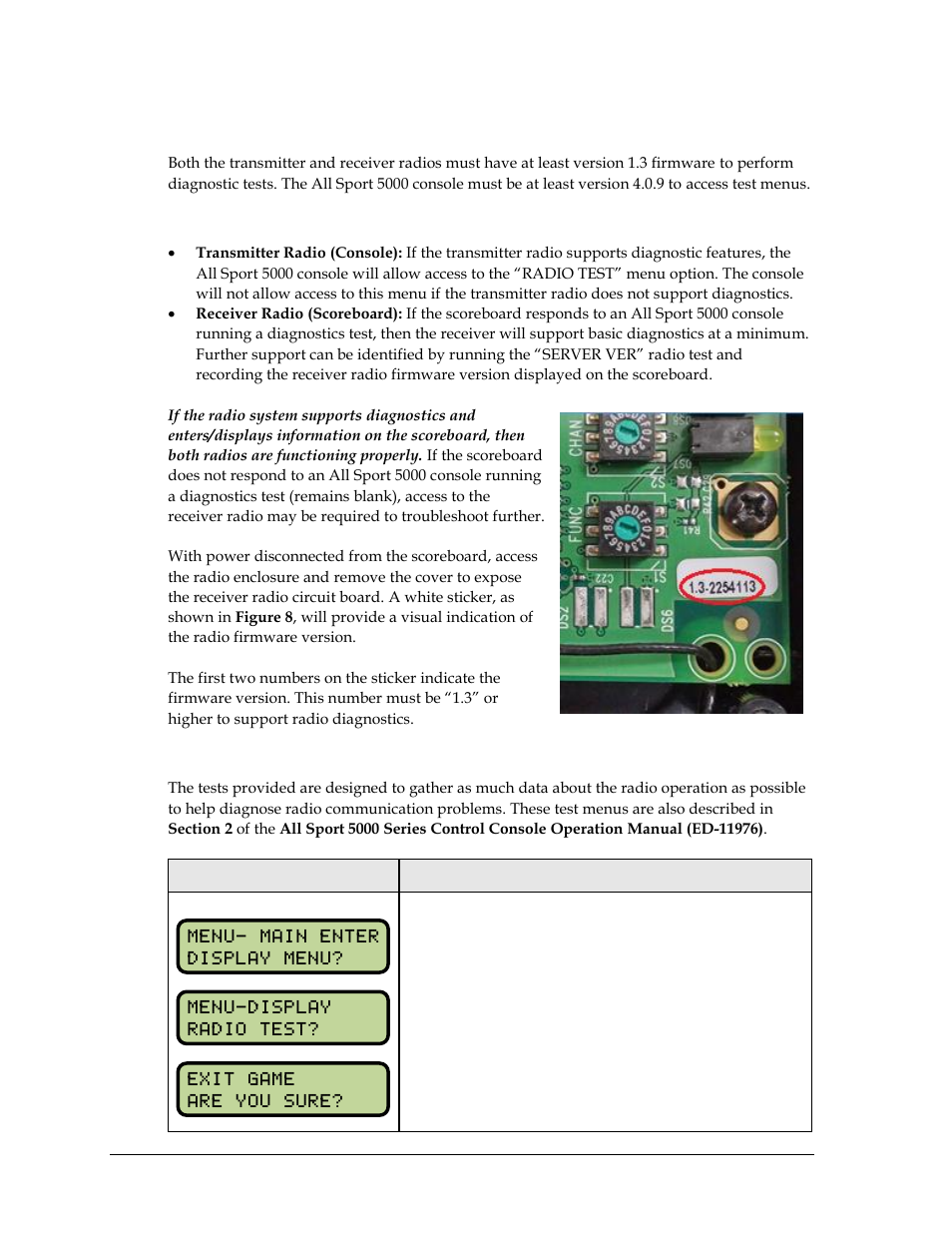 3 radio diagnostics, Identifying radios with diagnostic support, Radio test menus | Radio diagnostics | Daktronics Gen VI Radio User Manual | Page 18 / 38