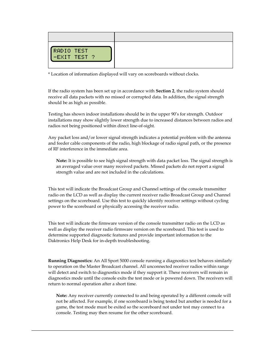 Signal strength & missed packet tests, Radio channel test, Server version test | Additional information | Daktronics Gen VI Radio User Manual | Page 20 / 38