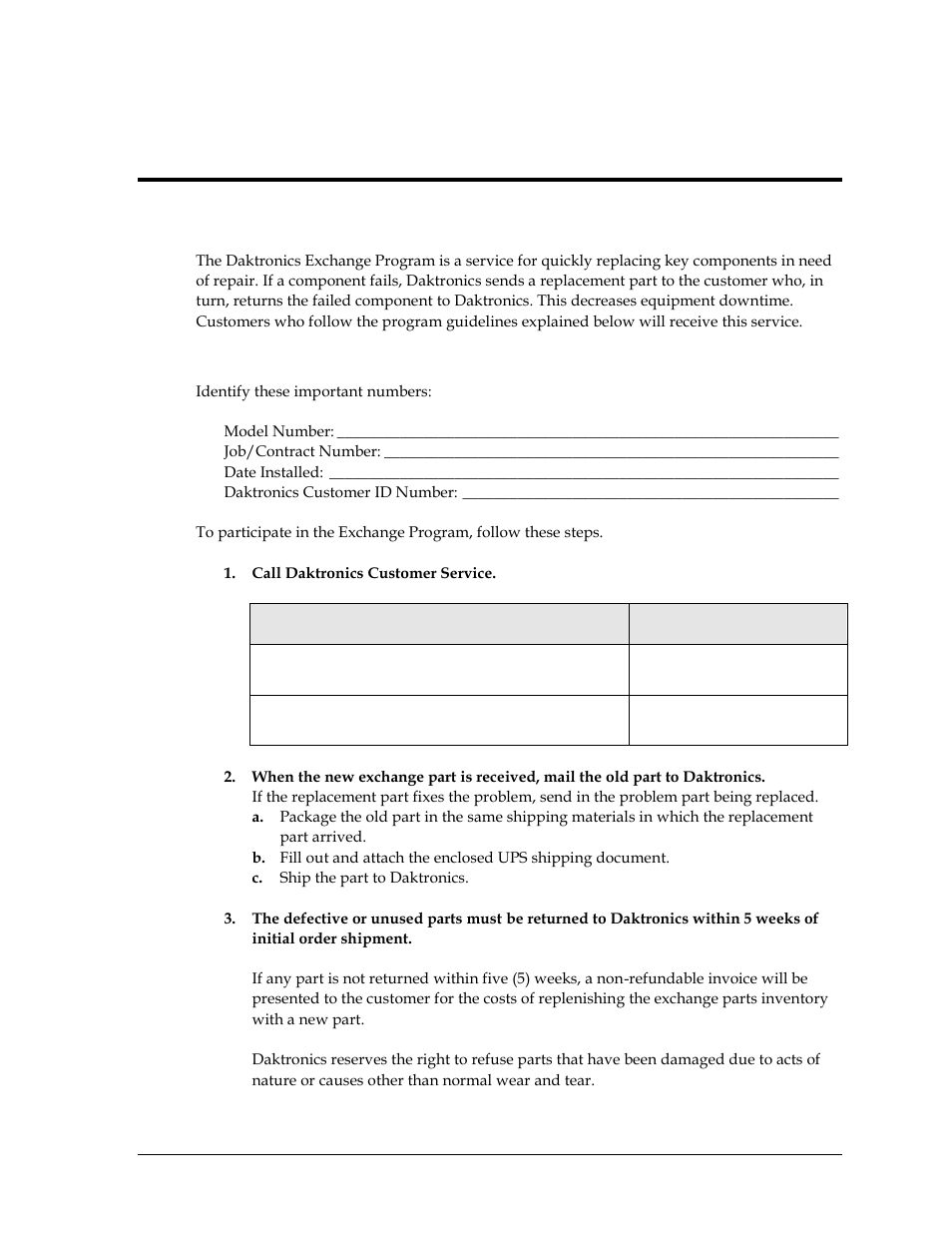 1 exchange program, Before contacting daktronics, Section 4 | Daktronics exchange and repair & return programs, Exchange program | Daktronics Gen VI Radio User Manual | Page 23 / 38