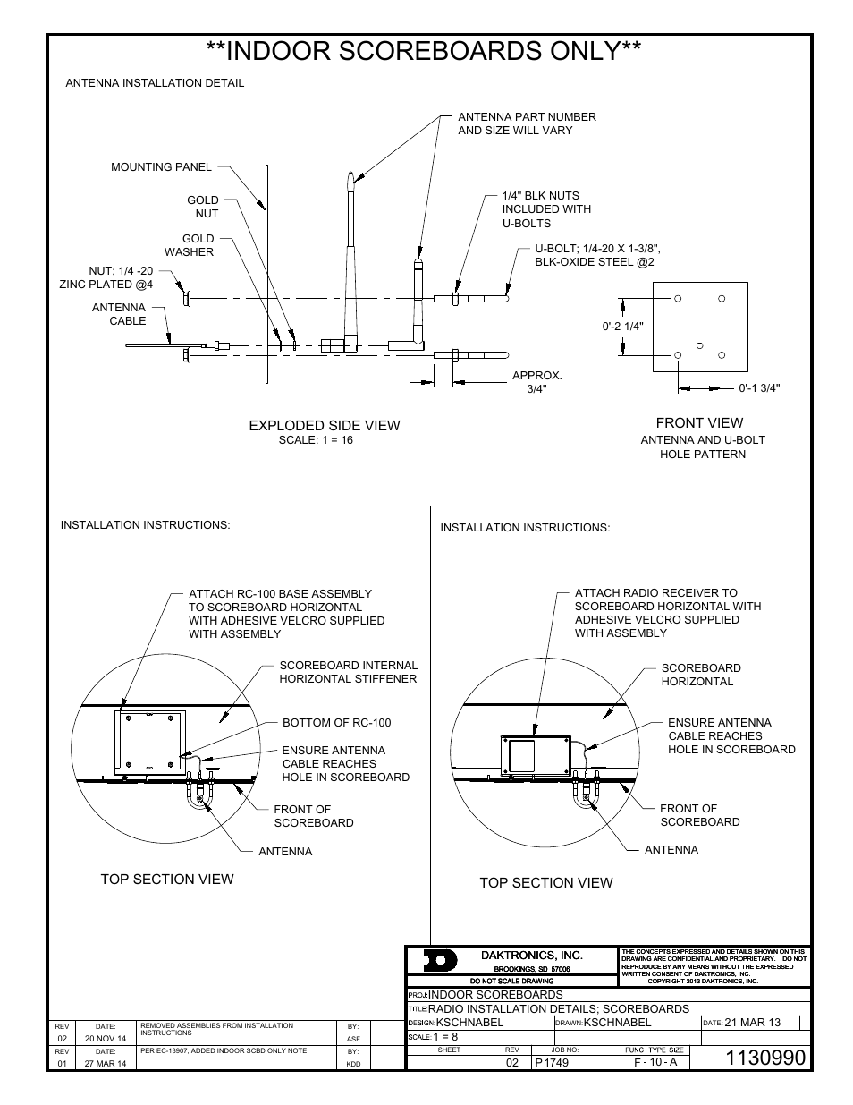 Indoor scoreboards only, Exploded side view, Front view | Daktronics Gen VI Radio User Manual | Page 32 / 38