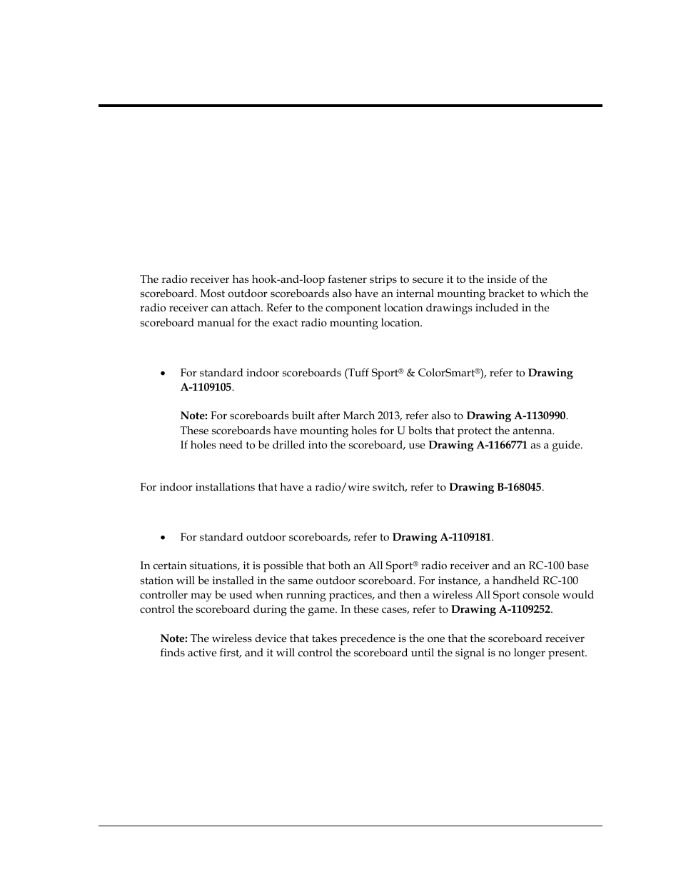 Section 1: installation, 1 radio receiver, Indoor scoreboards | Radio/wire switch, Outdoor scoreboards, Section 1, Installation, Radio receiver | Daktronics Gen VI Radio User Manual | Page 7 / 38