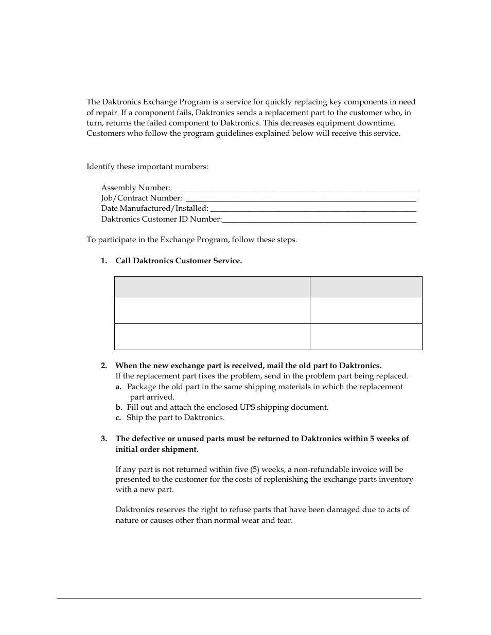 2 daktronics exchange and repair & return programs, Exchange program, Before contacting daktronics | Daktronics exchange and repair & return programs | Daktronics Remote Control System RC-100 User Manual | Page 10 / 112