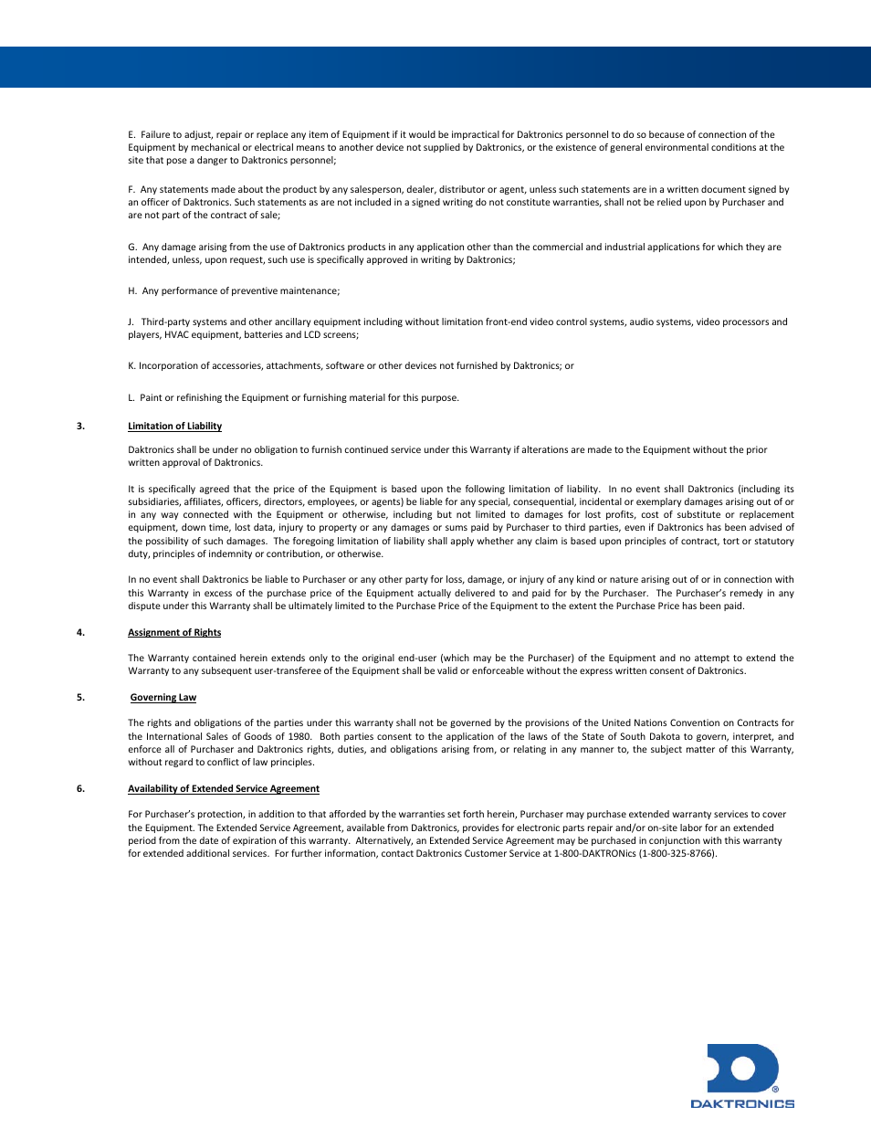 Daktronics warranty & limitation of liability | Daktronics Remote Control System RC-100 User Manual | Page 112 / 112