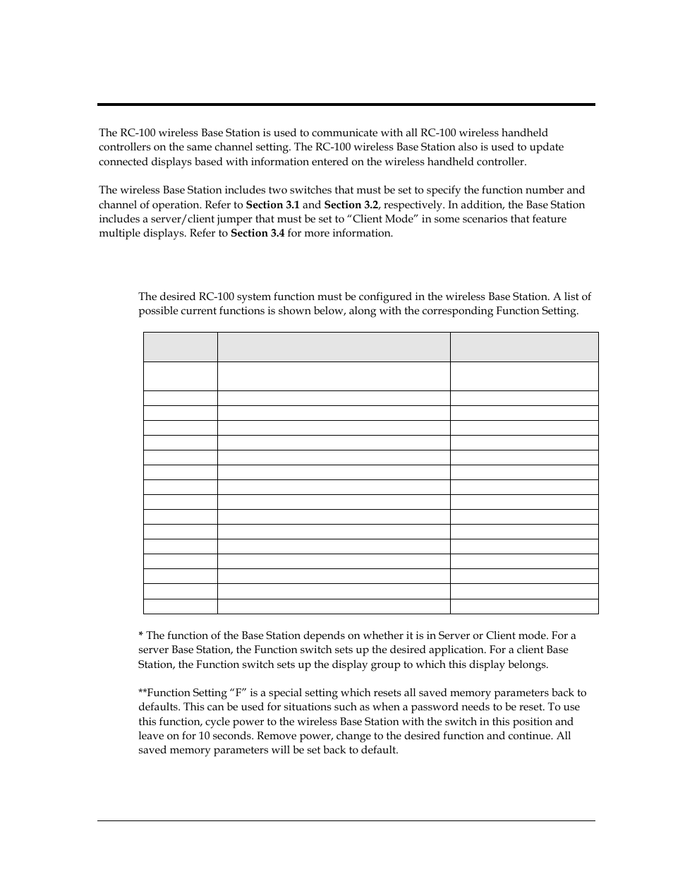 Section 3: rc-100 base station, 1 function setting, Section 3 | Rc-100 base station, Function setting | Daktronics Remote Control System RC-100 User Manual | Page 15 / 112