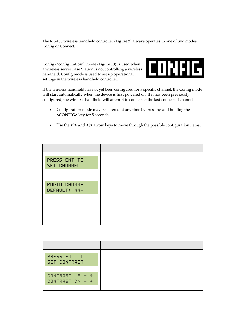 4 operation modes, Config mode, Setting default radio channel number | Setting lcd contrast, Operation modes | Daktronics Remote Control System RC-100 User Manual | Page 26 / 112