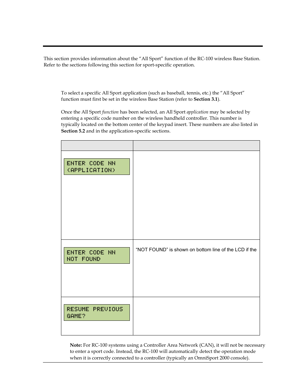 Section 5: all sport applications, 1 selecting all sport applications (code numbers), Section 5 | All sport applications, Selecting all sport applications (code numbers) | Daktronics Remote Control System RC-100 User Manual | Page 31 / 112