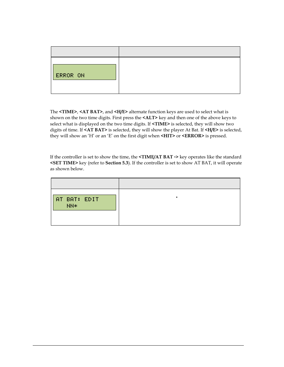 Hit, error, Time, at bat, h/e (alternate function), Time/at bat | Daktronics Remote Control System RC-100 User Manual | Page 42 / 112