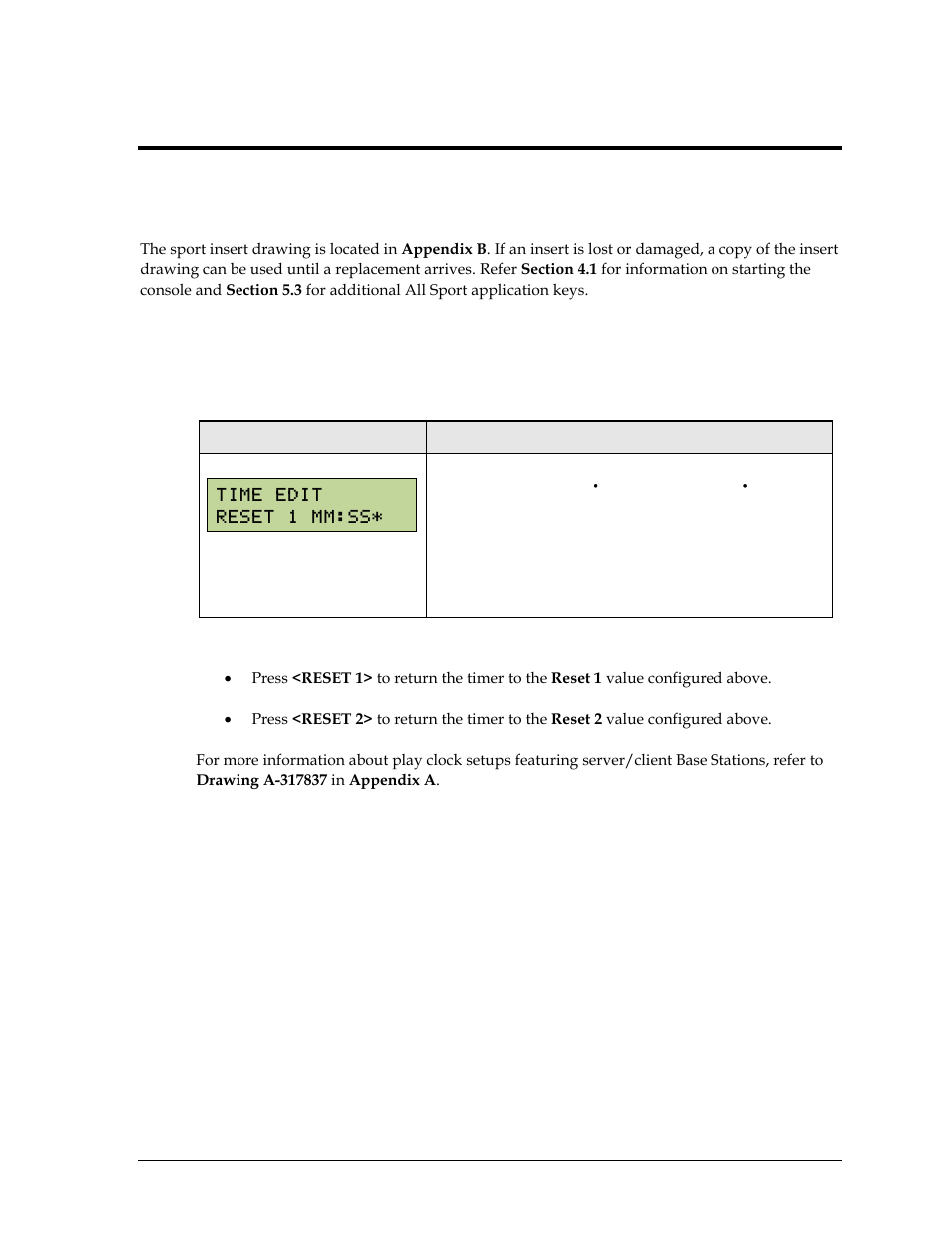 Section 9: play clock & pitch timer operation, 1 play clock & pitch timer keys, Set reset 1, set reset 2 | Reset 1, reset 2, Section 9, Play clock & pitch timer operation, Play clock & pitch timer keys | Daktronics Remote Control System RC-100 User Manual | Page 43 / 112