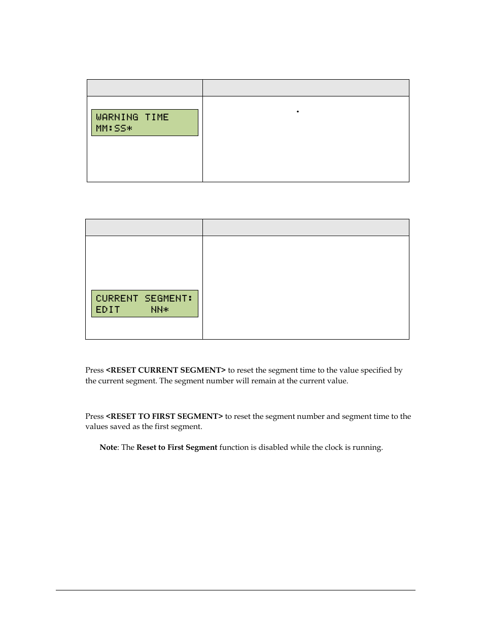 Warning time, Current segment +1, Reset current segment | Reset to first segment | Daktronics Remote Control System RC-100 User Manual | Page 48 / 112