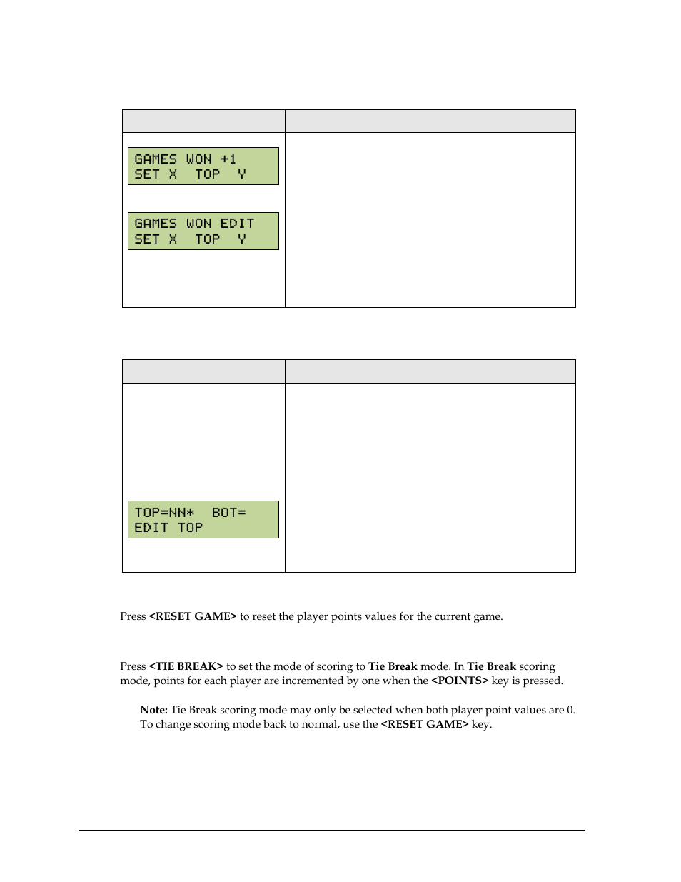 Game +1, Point, Reset game | Tie break | Daktronics Remote Control System RC-100 User Manual | Page 50 / 112