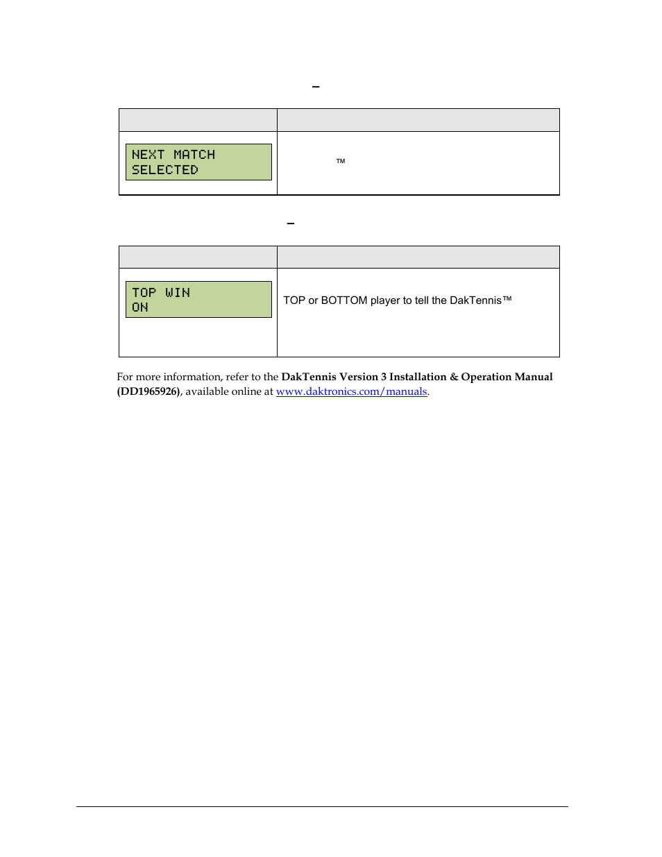 Next match (alternate function – daktennis only), Winner (alternate function – daktennis only) | Daktronics Remote Control System RC-100 User Manual | Page 52 / 112
