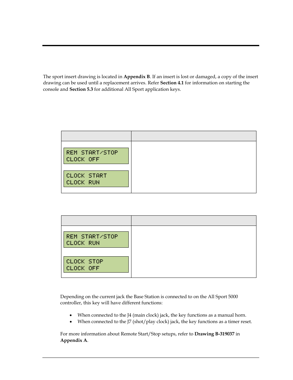 Section 15: remote start/stop operation, 1 remote start/stop keys, Start | Stop, Manual horn/reset, Section 15, Remote start/stop operation, Remote start/stop keys | Daktronics Remote Control System RC-100 User Manual | Page 65 / 112