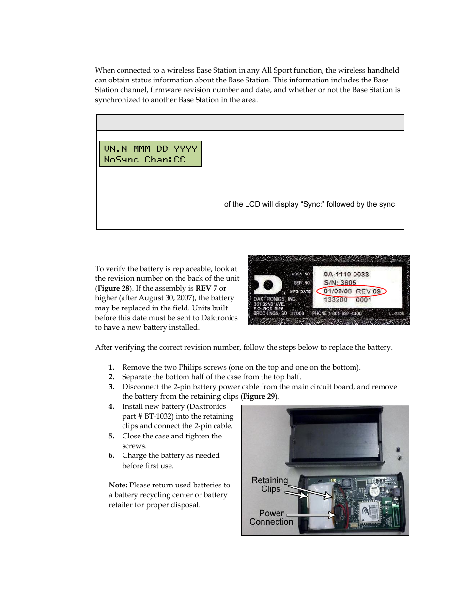 Obtaining base station status information, 3 replacing handheld battery, Replacing handheld battery | Daktronics Remote Control System RC-100 User Manual | Page 73 / 112