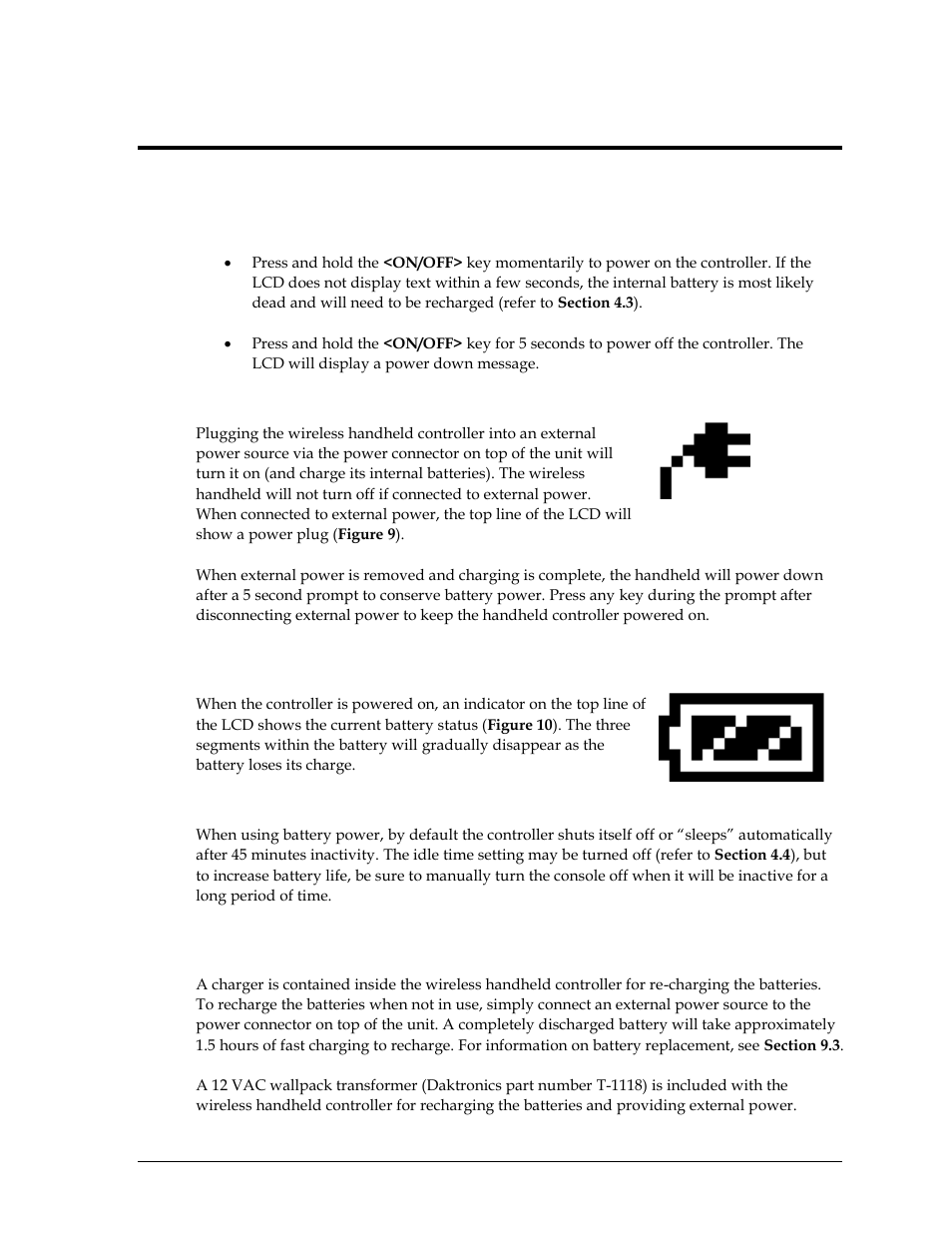 Section 4: rc-100 handheld controller, 1 powering the controller on and off, Using the keypad | Using external power, 2 battery operation, Idle time, 3 battery recharging, Section 4, Rc-100 handheld controller, Powering the controller on and off | Daktronics Remote Control System RC-100 User Manual | Page 21 / 54