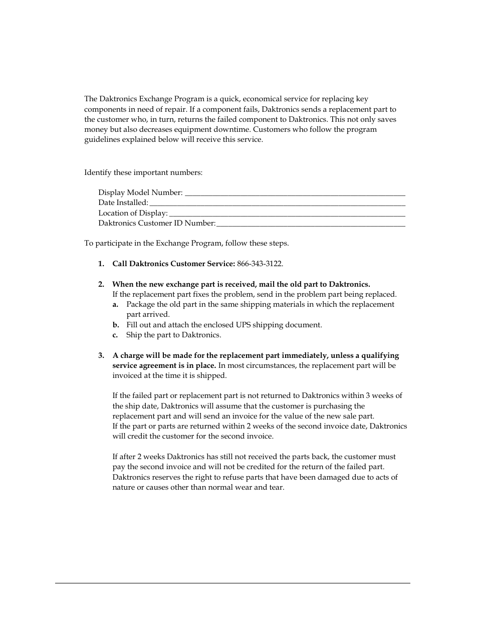 2 daktronics exchange and repair & return programs, Exchange program, Before contacting daktronics | Daktronics exchange and repair & return programs | Daktronics Remote Control System RC-100 User Manual | Page 8 / 54