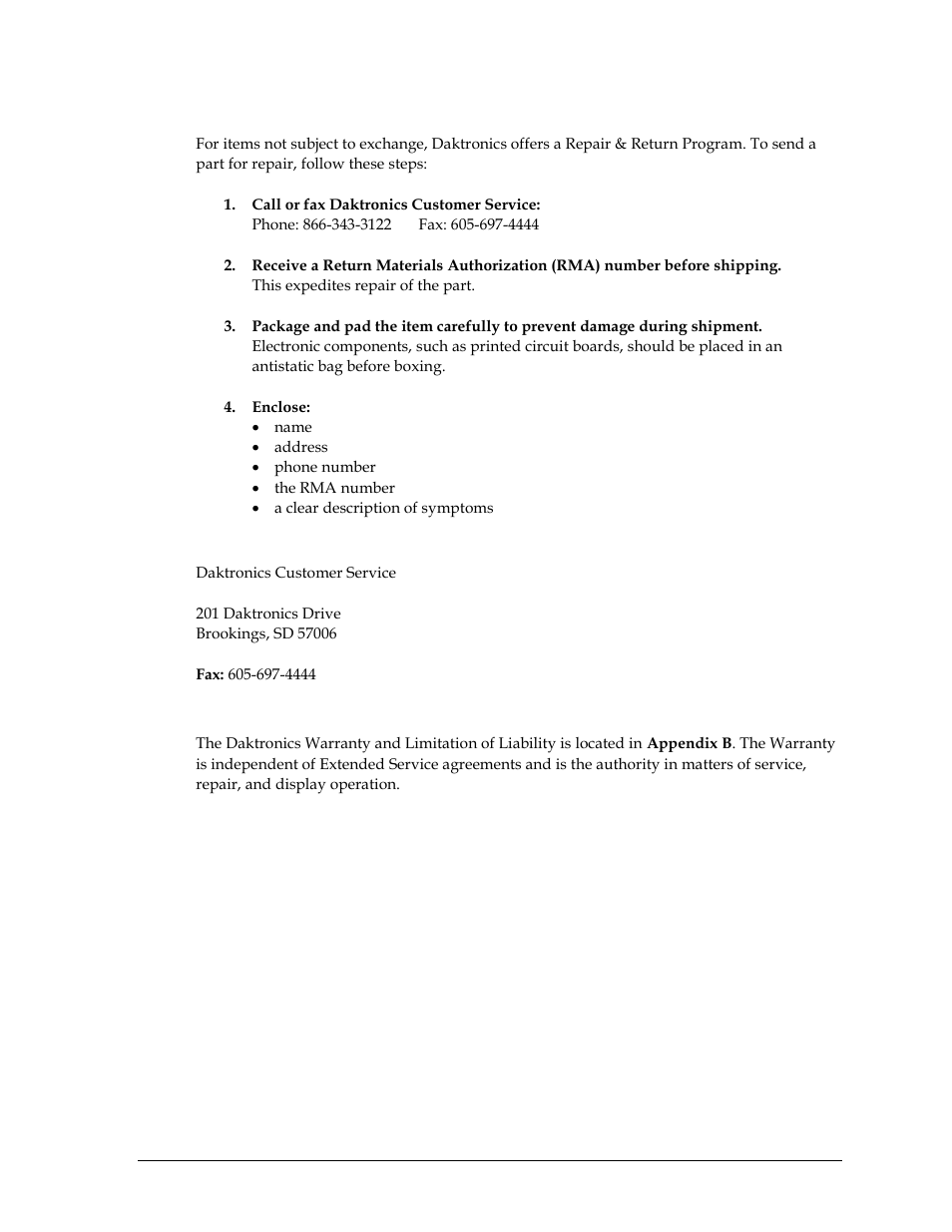 Repair & return program, Shipping address, Daktronics warranty and limitation of liability | Daktronics Remote Control System RC-100 User Manual | Page 9 / 54