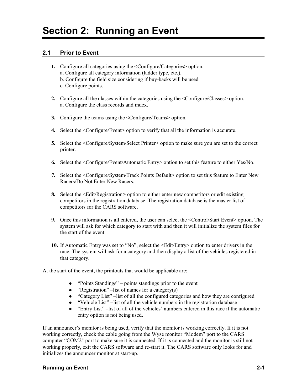 Running an event, Prior to event, Section 2 | Running an event -1, Prior to event -1 | Daktronics CARS User Manual | Page 11 / 68