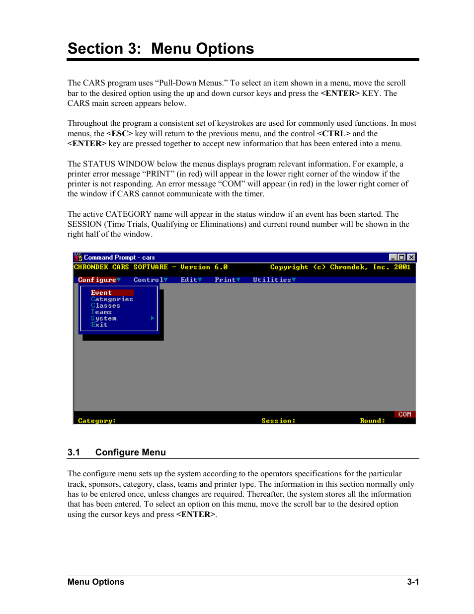 Menu options, Configure menu, Section 3 | Menu options -1, Configure menu -1 | Daktronics CARS User Manual | Page 15 / 68