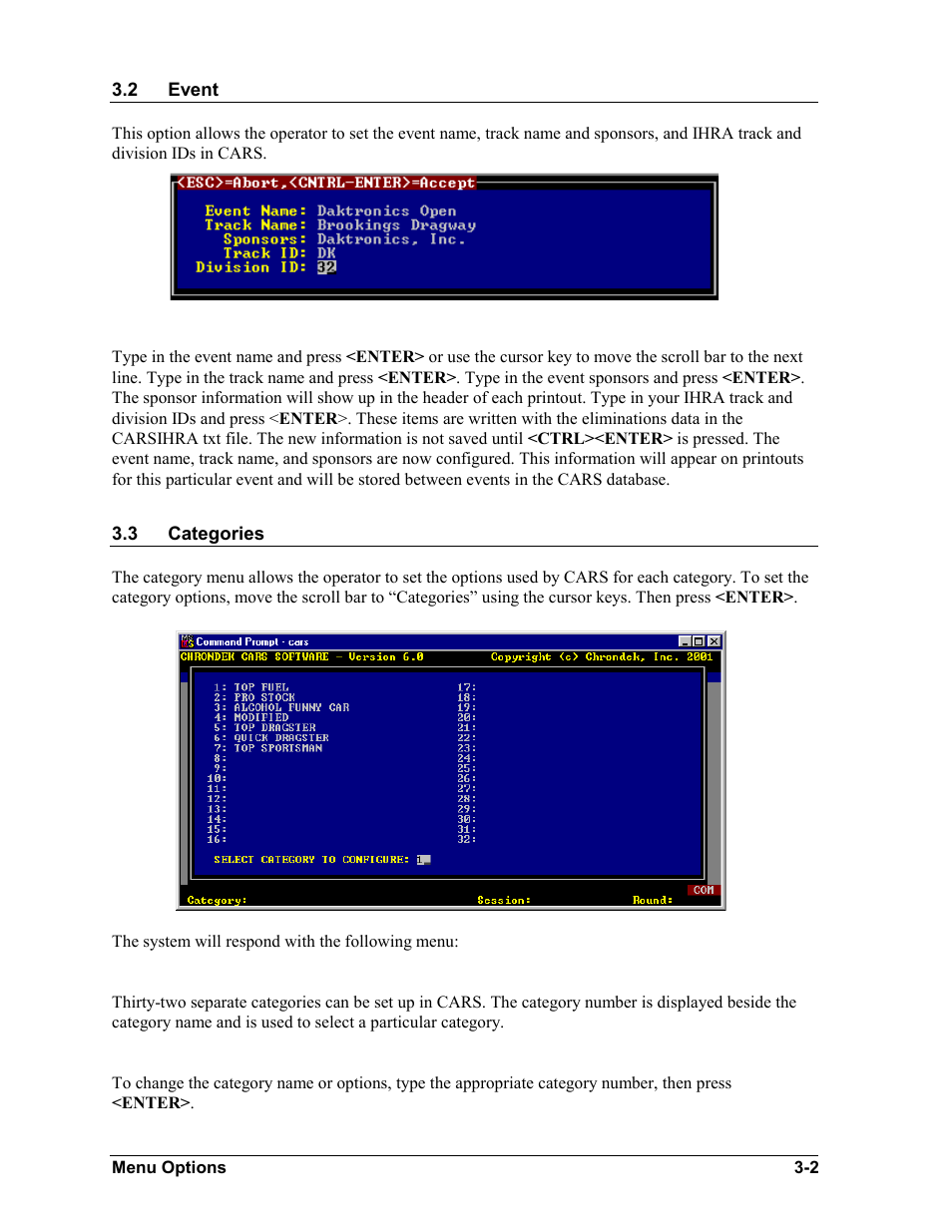 Event, Categories, Event -2 | Categories -2 | Daktronics CARS User Manual | Page 16 / 68