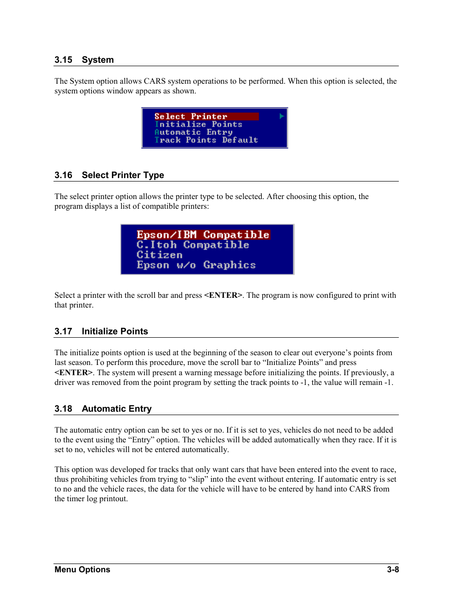 System, Select printer type, Initialize points | Automatic entry, System -8, Select printer type -8, Initialize points -8, Automatic entry -8 | Daktronics CARS User Manual | Page 22 / 68