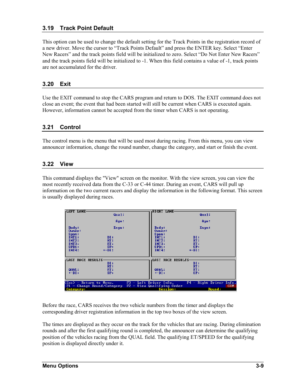 Track point default, Exit, Control | View, Track point default -9, Exit -9, Control -9, View -9 | Daktronics CARS User Manual | Page 23 / 68