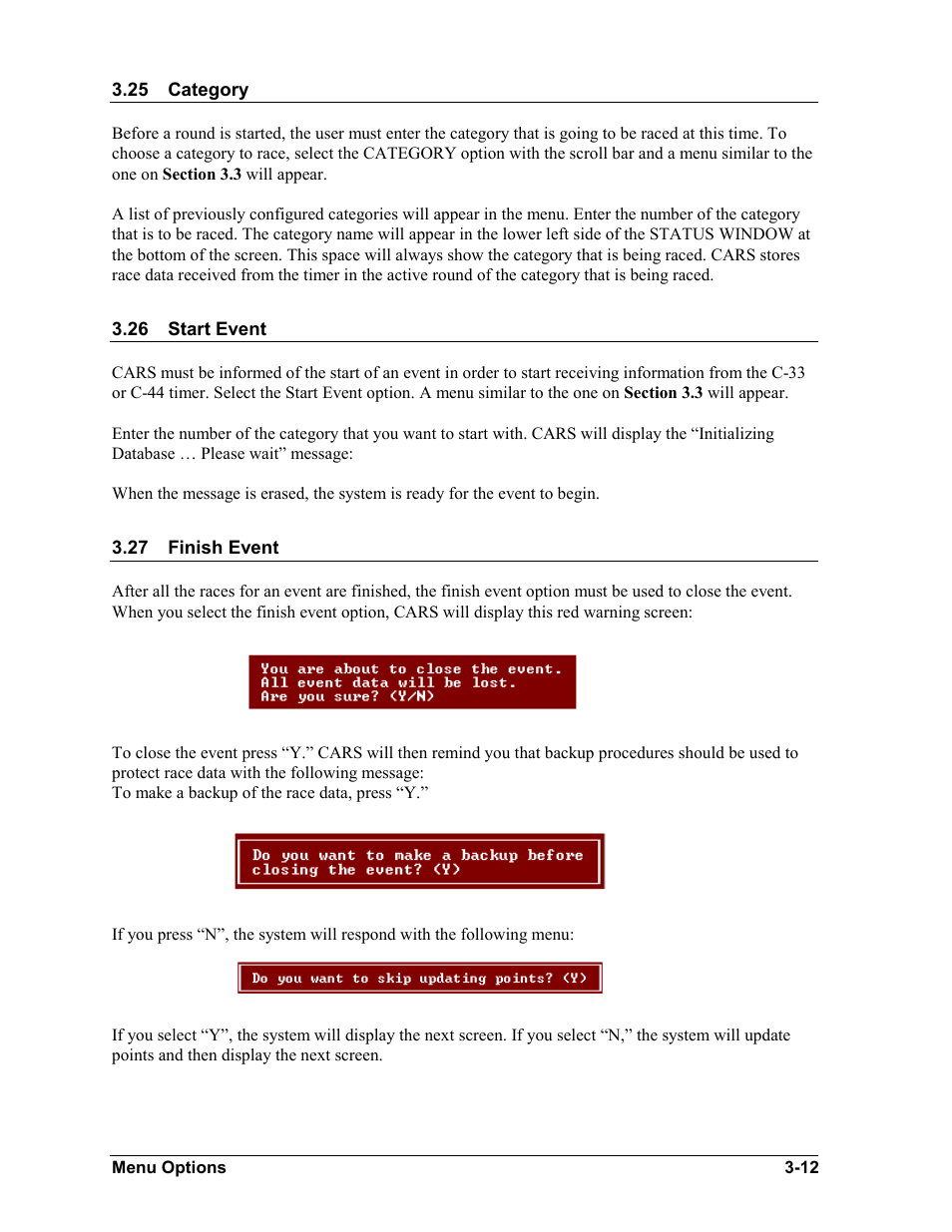 Category, Start event, Finish event | Category -12, Start event -12, Finish event -12 | Daktronics CARS User Manual | Page 26 / 68