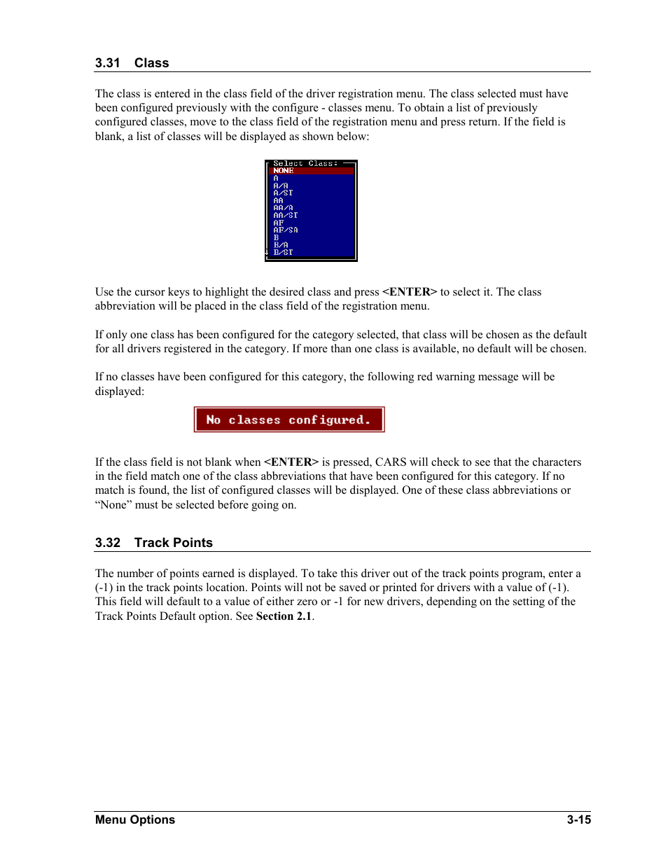 Class, Track points, Class -15 | Track points -15 | Daktronics CARS User Manual | Page 29 / 68