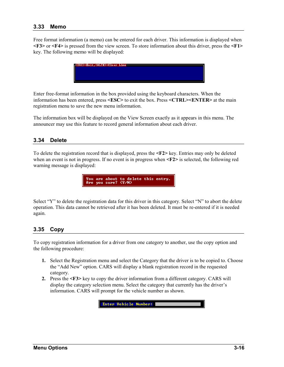 Memo, Delete, Copy | Memo -16, Delete -16, Copy -16 | Daktronics CARS User Manual | Page 30 / 68